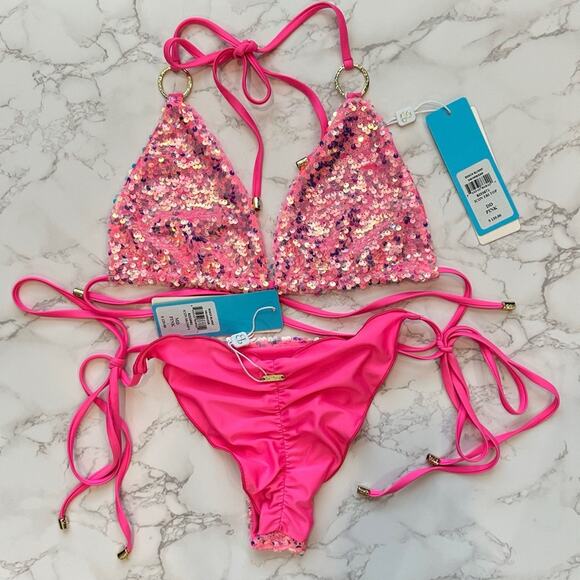 Beach Bunny Pink Icon Triangle Top & Icon Tie Side Skimpy Bottom $250 - Picture 12 of 12